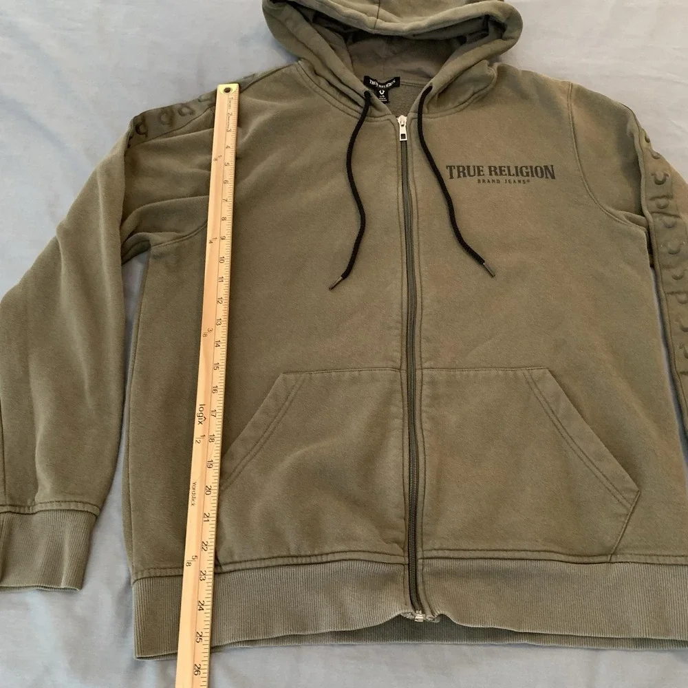 True Religion Hoodie Mens Large Green Full Zip Fleece Silicone Tape Logo